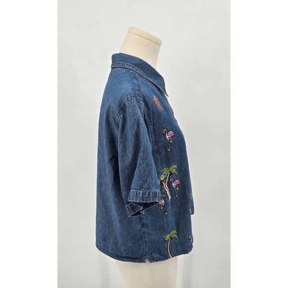 Vintage 90's New Direction Denim Shirt – Flamingo & Palm Tree Embroidery - Picture 5 of 6
